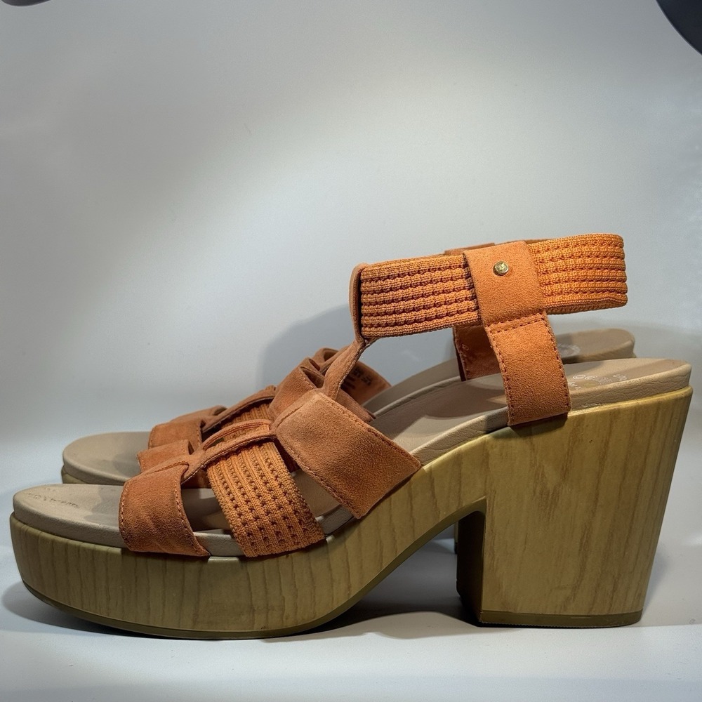 Dr Scholls Blossom Heeled Platform Ankle Strap Sandals Sz 9.5M Orange Faux Suede